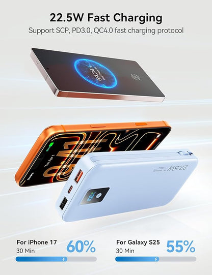 Portable Charger, 12000mAh 22.5W Fast Charging Power Bank with Built-in Cables & Wall Plug, Travel Essentials Battery Pack with LED Display, USB C External Battery Bank for iPhone iPad, Samsung Blue