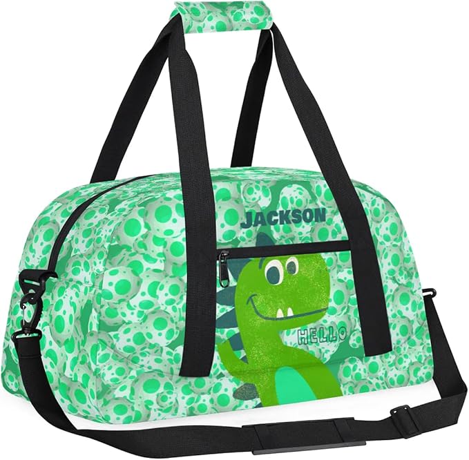 Personalized Duffel Bag for Kids Girls Boys, Dinosaur Custom Name Gym Bag Overnight with Padded Handles Carry On Weekend Sports Travel Bag for School Practice Gymnastics Ballet