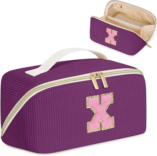 Personalized Initial Makeup Bag,Christmas Gifts for Girl,Preppy Bag Cosmetic Travel Bag Women,Travel Toiletry Organizer,Large Capacity Corduroy Stuff Bag,Cute Cosmetic Pouch Skincare Bag-X