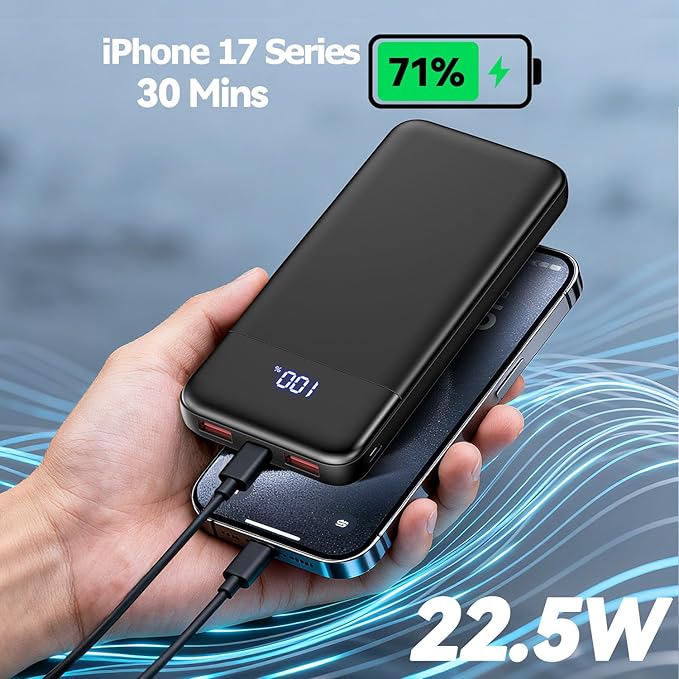 Portable Charger, 10000mAh Slim Power Bank Portable Phone Charger 22.5W PD QC Fast Charging with 3 Outputs 2 Inputs Battery Pack Compatible with iPhones Samsung Google Pixel LG Moto More Devices,Black