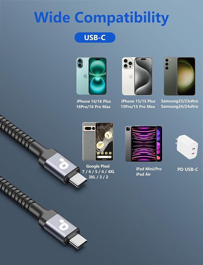 Extra Long USB C to USB C Cable 15FT, 100W USB C Cable Fast Charging, Upgraded Extra Durable Braided USB C Cord for iPhone 17 16 15 Pro Max, MacBook Pro, Samsung Galaxy S10 S9 Plus, LG and More-1Pack