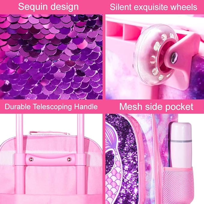 2PCS Kids Luggage, Suitcases for Girls, Carry on Rolling Luggage with Wheels, 18" Toddler Suitcase Set 12" with Sequin Backpack - Pink Mermaid