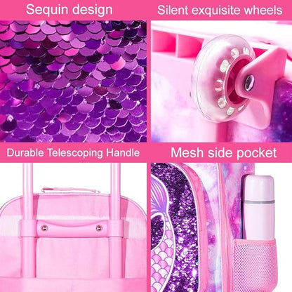 2PCS Kids Luggage, Suitcases for Girls, Carry on Rolling Luggage with Wheels, 18" Toddler Suitcase Set 12" with Sequin Backpack - Pink Mermaid