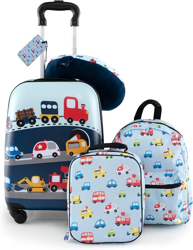 BABY JOY Kids Luggage, 5 Pieces Luggage Set w/ 16" Carry-on Hardshell Spinner Toddler Suitcase, 13" Backpack, Neck Pillow & Insulated Lunch Bag, Travel Kids Rolling Suitcase for Girls Boys (Blue Car)