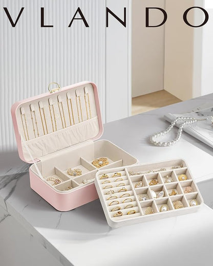 Vlando Jewelry Box Organizer for Women Girls, 2 Layer Jewelry Case with Lock,Jewelry Storage Earrings Necklace,Rings,Gift Box Packaging,Wedding Birthday Gifts-Pink