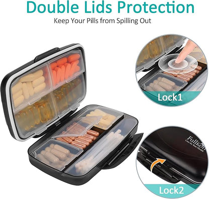 Travel Pill Organizer Large Portable Medication Organizer, Fullicon Oversize 8 Compartment Pill Box, Vitamin Travel Case Pill Holder - Airtight & Moistureproof (Blue)