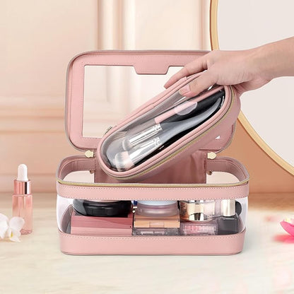Travel Clear Makeup Bag with Makeup Brush Bag, Leather Makeup Case Toiletry Bag, Portable Cosmetic Bag Case, Transparent Waterproof Cosmetic Organizer Storage Bag for Women, Pink
