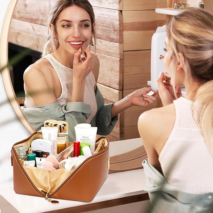 Birthday Gifts for Women Teen Girl, Personalized Initial Makeup Organizer Bag Set, Open Flat Travel Cosmetic Bag With Clear Divider and Handle(Brown,G)