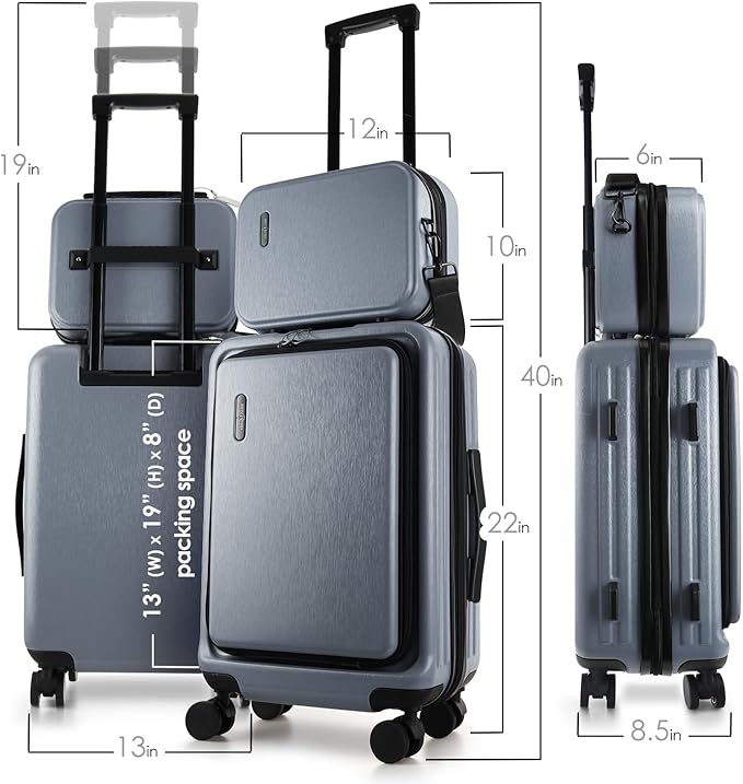 TRAVELARIM 22 Inch Carry On Luggage 22x14x9 Airline Approved, Small Carry On Suitcase, Hard-shell Carry-on Luggage with Wheels, Durable Grey Luggage Carry-On with Cosmetic Case and Luggage Scale