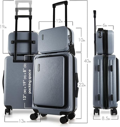 TRAVELARIM 22 Inch Carry On Luggage 22x14x9 Airline Approved, Small Carry On Suitcase, Hard-shell Carry-on Luggage with Wheels, Durable Grey Luggage Carry-On with Cosmetic Case and Luggage Scale