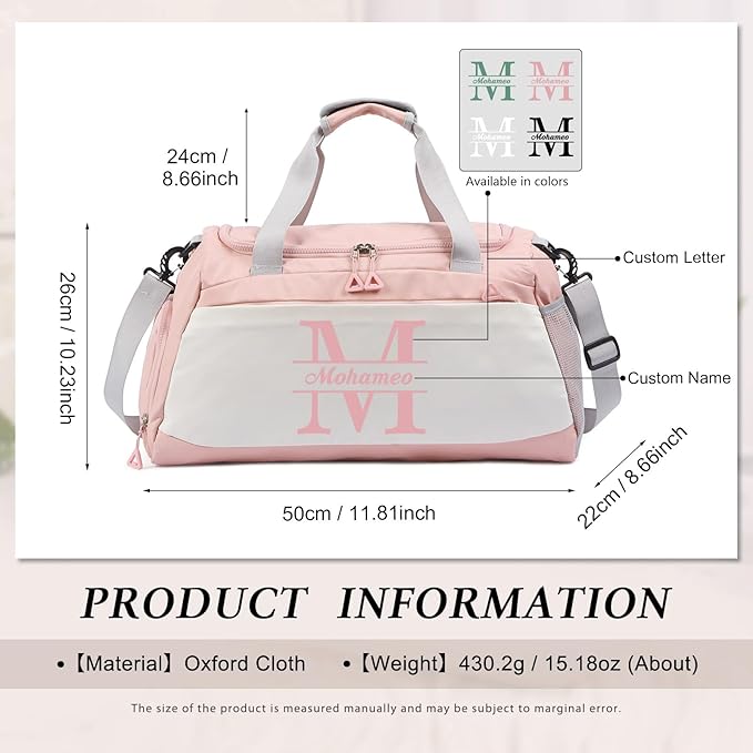 Personalized Travel Duffel Bag with Name - Custom Letter Oxford Cloth Gym Bag with Shoes & Wet Pockets Sport Bag Weekender Overnight Bag for Traveling for Women Men Gift for Christmas Groomsman Brides