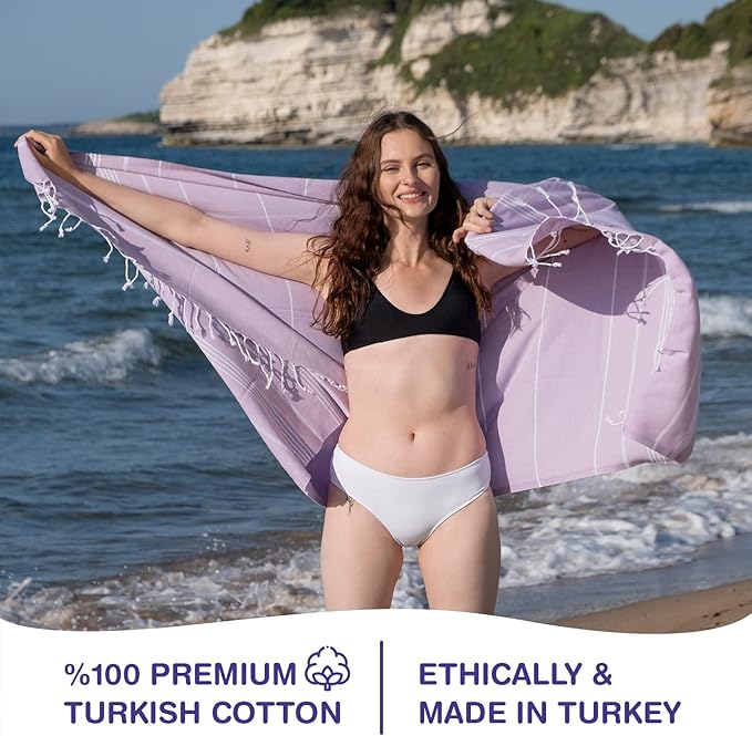 Turkish Beach Towels, Pack of 2 | Oversized, Quick Dry, Sand Free | 100% Cotton, Large 38x71 Towels for Beach, Pool, Travel | Ultra-Soft, Compact, and Absorbent | Lilac