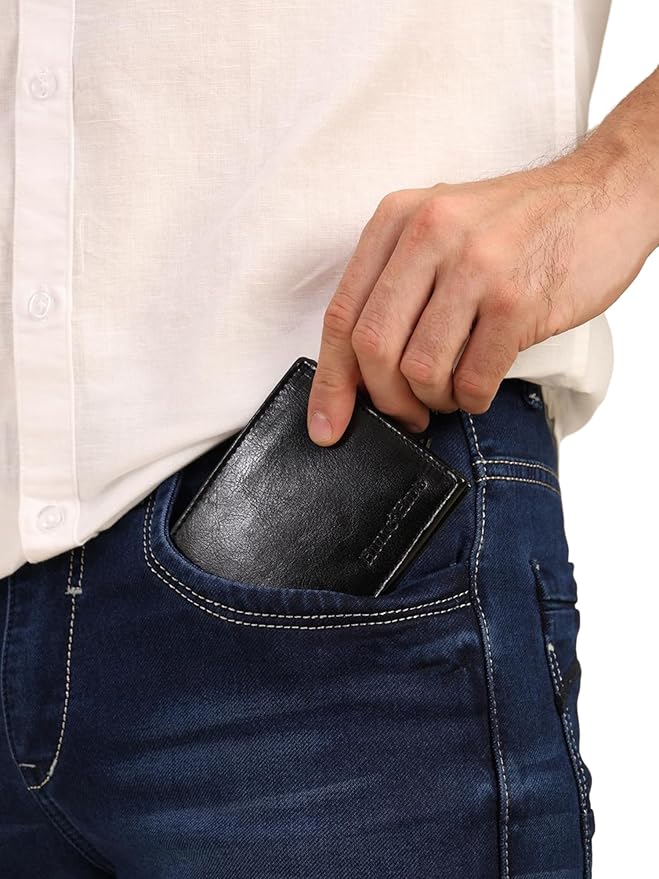 Hum & Hide Full-Grain Leather Wallet for Men – RFID Blocking Slim Bifold Wallet with ID Window, 8 Card Slots & Cash Compartment – Minimalist Black Leather Gift Wallet