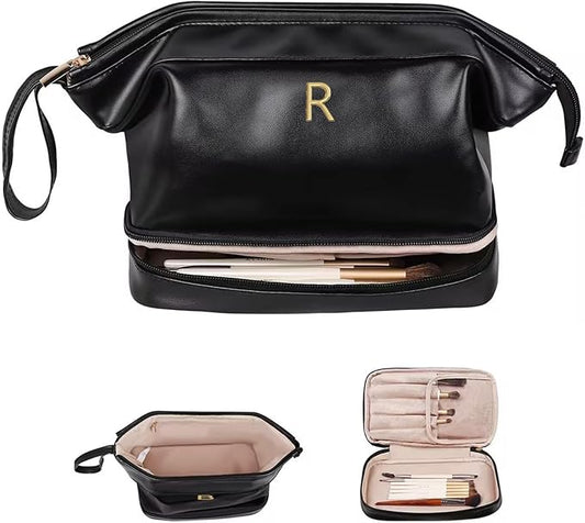 Make Up Bag-Initial Makeup Bags for Teens Girls, Dance Gifts Double Layer Cosmetic Bag with Makeup Brush Organizer, Teen Girl Gifts Trendy Stuff, Gifts for Friends Female Mom