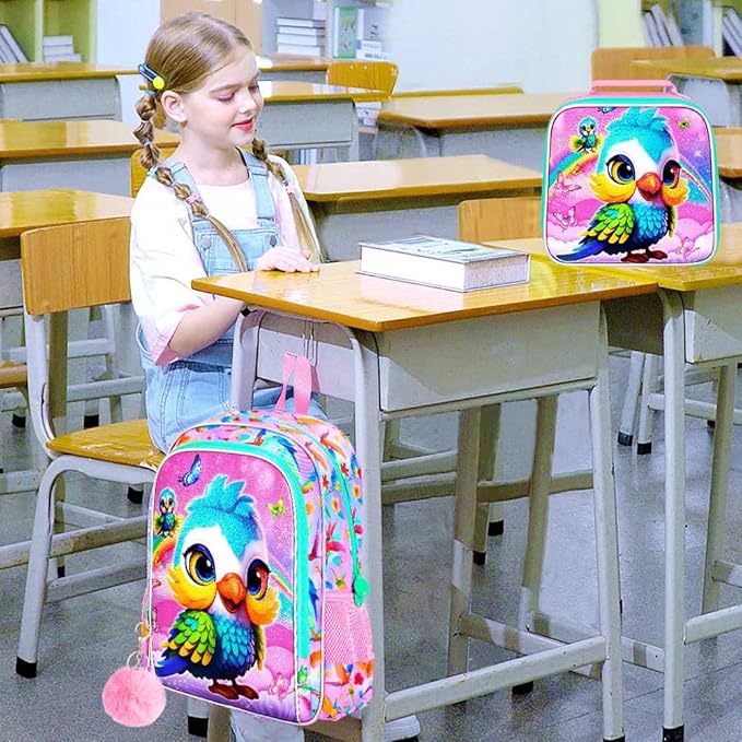 WZLVO 3PCS Backpack for Girls, 16'' Kids Parrot Preschool Bookbag Set, Cute Animal Water Resistant School Backpacks Set for Elementary Kindergarten Teen Travel