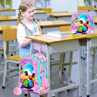 WZLVO 3PCS Backpack for Girls, 16'' Kids Parrot Preschool Bookbag Set, Cute Animal Water Resistant School Backpacks Set for Elementary Kindergarten Teen Travel