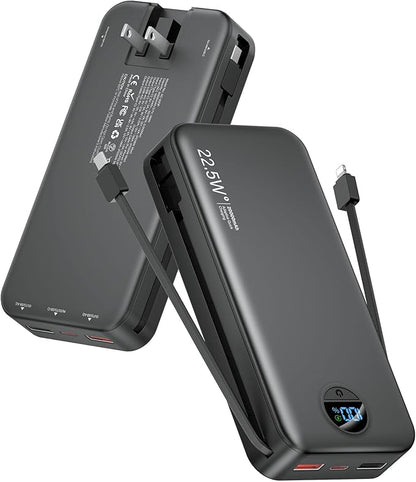 Portable Charger Power Bank, 20000mAh 22.5W USB C Fast Charging with Built-in Cables & Wall Plug, External Battery Bank with LED Display, Travel Essential for iPhone, iPad, Samsung Black