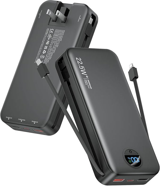 Portable Charger Power Bank, 20000mAh 22.5W USB C Fast Charging with Built-in Cables & Wall Plug, External Battery Bank with LED Display, Travel Essential for iPhone, iPad, Samsung Black