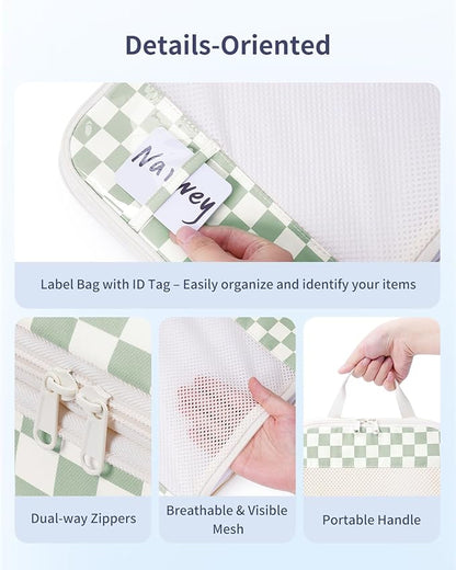 Narwey 5 Set Compression Packing Cubes for Travel, Luggage Packing Organizer Bags for Carry on Suitcase, Expandable Checkered Storage Bags with Laundry & Handle (Mint Green Checkerboard)
