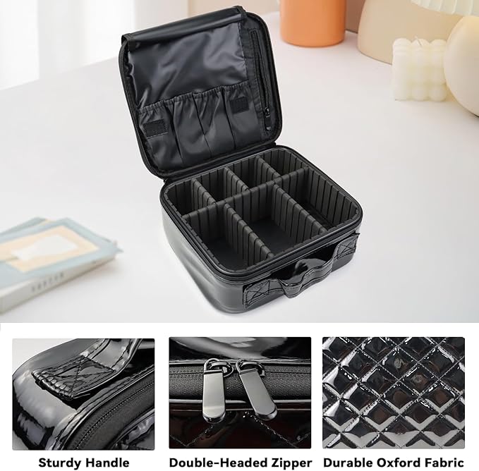 Travel Makeup Bag Makeup Cosmetic Train Case Organizer Portable Storage Bag with Adjustable Dividers for Cosmetics Makeup Brushes Toiletry Jewelry Black Laser Grid Pattern