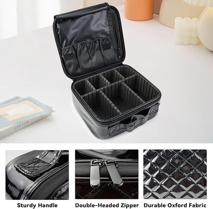 Travel Makeup Bag Makeup Cosmetic Train Case Organizer Portable Storage Bag with Adjustable Dividers for Cosmetics Makeup Brushes Toiletry Jewelry Black Laser Grid Pattern