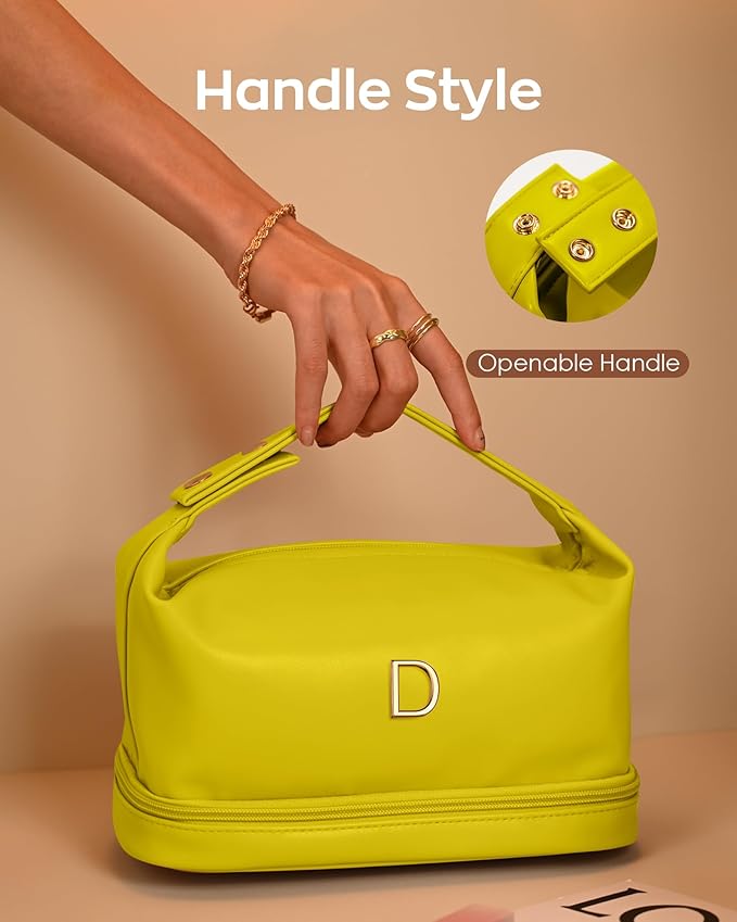 Teenage Girls Gifts Ideas, Personalized Makeup Bag with Handle, Initial Double Layer Cosmetic Bag with Makeup Brush Organizer, Cute Cosmetic Pouch for Women, Gifts for Friends Female Mom