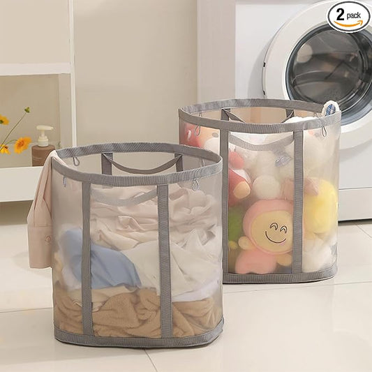 Mesh Bag with Handles, Collapsible Laundry Basket, Foldable Laundry Bag, Breathable Folding Beach Bag,Space-saving Travel Tote Bags (2, Grey)