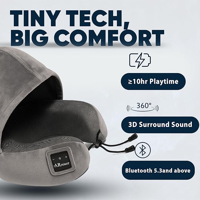Bluetooth Music Semicircular Neck Pillow with Hood Wireless Bluetooth Speaker Suitable Airplane,Car,Office,and Outdoor Camping for Sleeping, Resting The Best Travel Essentials. (Dark Gray)
