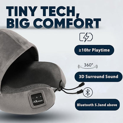 Bluetooth Music Semicircular Neck Pillow with Hood Wireless Bluetooth Speaker Suitable Airplane,Car,Office,and Outdoor Camping for Sleeping, Resting The Best Travel Essentials. (Dark Gray)