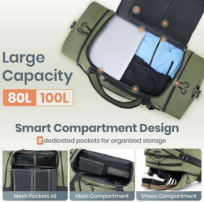 Fanwoli 85L 100L Large Rolling Duffle Bag with Shoes Compartment, 30’’ Expandable & Foldable Heavy Duty Water Resistant Travel Backpack, Convertible Foldable Duffel for Gym Camping Weekender