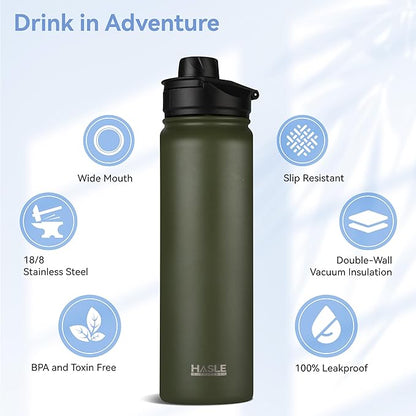 HASLE OUTFITTERS Insulated Water Bottle 22 oz Double Wall Stainless Steel Water Bottle Wide Mouth with Straw Lid & Spout Lid Keeps Cold or Hot(Army Green,1)