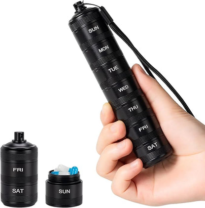 Portable Travel Pill Organizer - Metal Waterproof Pill Box, Small Compact Weekly Aluminum Alloy Container, 7 Day Daily Medicine Organizer Holder for Small Pills, Black S