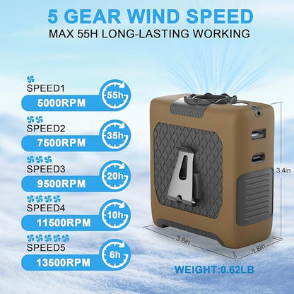 Portable Fan Wearable Personal Fan with 5 Speed Max 55 Working Hours Low Noise Portable Neck Fans Cooling Waist Fans for Camping Traveling LED Power Display 10000mAh Rechargeable (Brown)