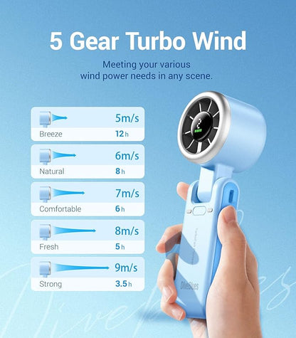 Diveblues Portable Handheld Turbo Fan, 5 Gear Wind, Battery Operated, Up to 12 Working Hours, 3 IN 1 Hand Fan with Air Turbo Tech Cooling Fan for Outdoor Activities, Travel, Working