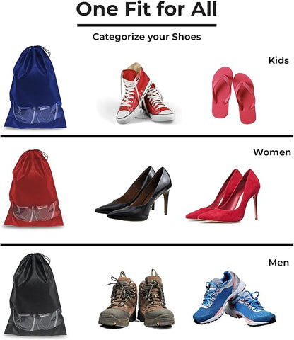 12 PCs Shoe Bags for Travel, Packing, Storage, Organizing & Suitcase. Reusable Dustproof & Water Resistant Sneakers Pouch Protectors with Clear Window & Drawstring. Laundry & Toys (Red + Blue + Black)