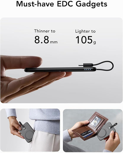 VEEKTOMX Slim Portable Charger, 5000mAh Lightweight Power Bank with Wired USB C Cable, Ultra Thin Battery Pack Compatible with iPhone 15/Plus/Pro/Pro Max/Samsung/Android(Non-Wireless Charging), Black