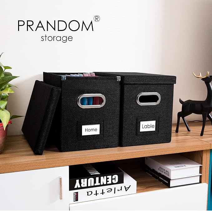 PRANDOM File Organizer Box - Set of 1 Collapsible Decorative Linen Filing Storage Hanging File Folders with Lids Office Cabinet Letter Size Black (14x9.3x10.8 inch)