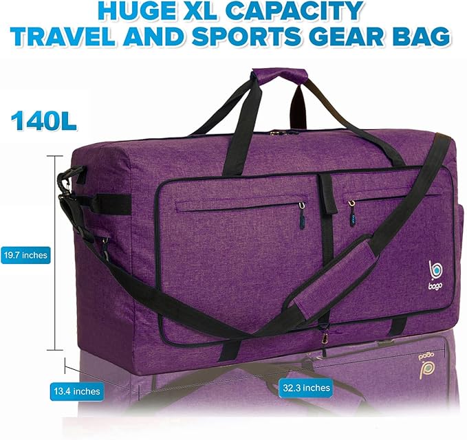 Bago Big XXL Foldable Duffel Bags for Traveling Women & Men - 140L Packable Duffle Bag for Travel with Shoe Compartment - Water Repellant, Heavy Duty, Lightweight Folding & Collapsible (SnowDepPurple)