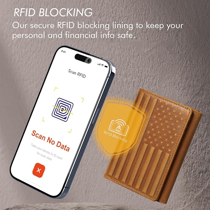 Trifold Leather Wallet for Men RFID Blocking – Mens Trifold Wallet Leather with 12 Card Slots, Gift for Men, American Flag Wallet Brown