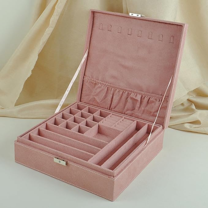 Jewelry Boxes 10 x 10 Inches 2-layer Handle Necklace Holder Organizer Jewellery Women Rings Storage Display Girls Earrings Case Lockable Jewelry Tray GY641 (Pink)