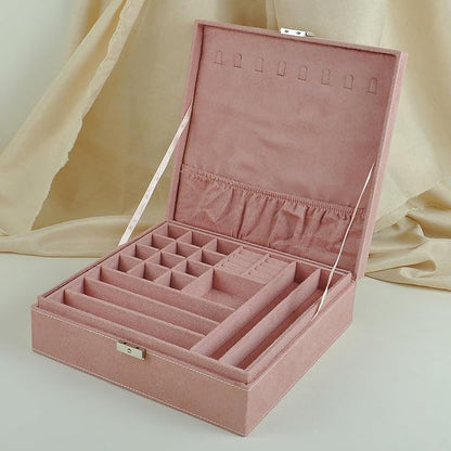 Jewelry Boxes 10 x 10 Inches 2-layer Handle Necklace Holder Organizer Jewellery Women Rings Storage Display Girls Earrings Case Lockable Jewelry Tray GY641 (Pink)