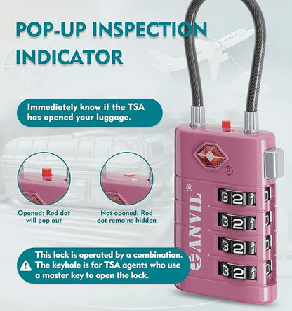 ANVIL 4 Digit Luggage Locks, TSA Locks for Luggage, Advanced TSA008 core, Alert Indicator for Your Travel Lock, Suitcase Lock. (4, Rose Purple)
