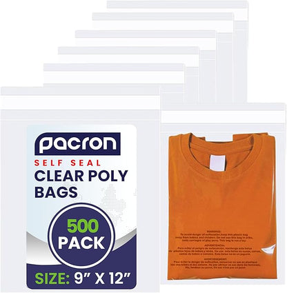 500 Packs Clear Poly Bags 9"x12" – Self Seal Plastic Bags for Packaging, Shipping & Storage | Durable & Strong Resealable Bags with Suffocation Warning | Clear Packaging Bags for Shopping & Retail