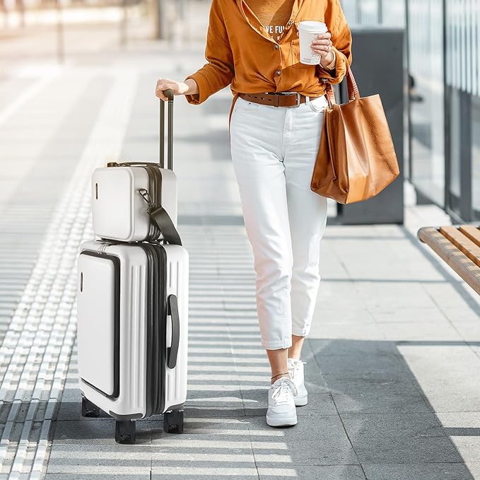 20 Inch Carry On Luggage 22x14x9 Airline Approved, Carry On Suitcase with Wheels, Hard-shell Carry-on Luggage, Durable Luggage Carry-On, White Small Suitcase with Cosmetic Case