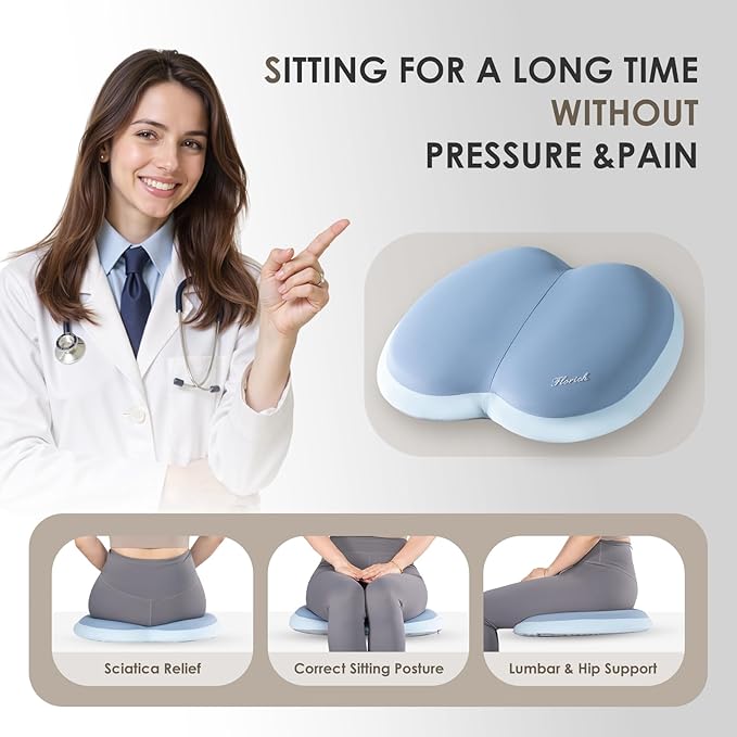 FLORICH 3 PCS Seat Cushion for Carseat Lumbar Support Pillow Car Neck Headrest Pillows Ultrathick Memory Foam Seat Pads Pressure Relief Back Cushion for Office Chair(Blue)