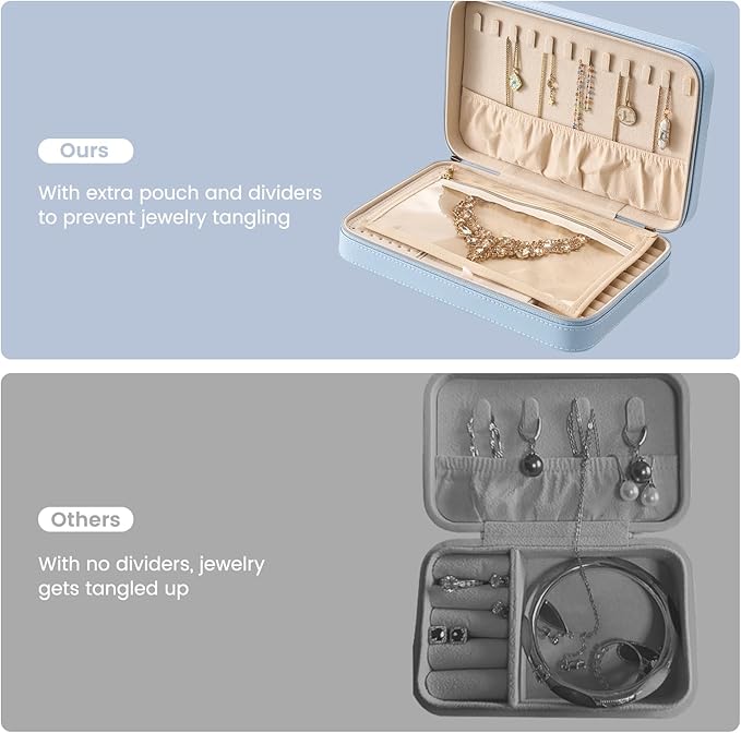 Lolalet Travel Jewelry Case for Women Girls, Travel Jewelry Organizer Box with Mirror & Clear Storage Bag, Small Portable Earring Necklace Bracelet Ring Case, Birthday Christmas Gifts -Large, Blue