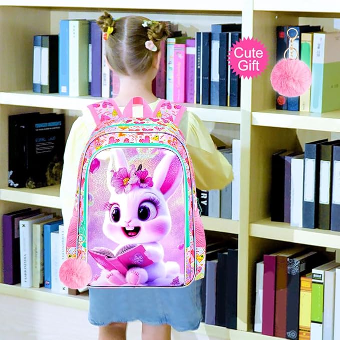 WZLVO 3PCS Rabbit Bookbag for Girls, 16" Glittery UV Printing Kids Backpack/School Bag with Lunch Box & Pencil Bag for Preschool to Elementary - Reading Rabbit Pink