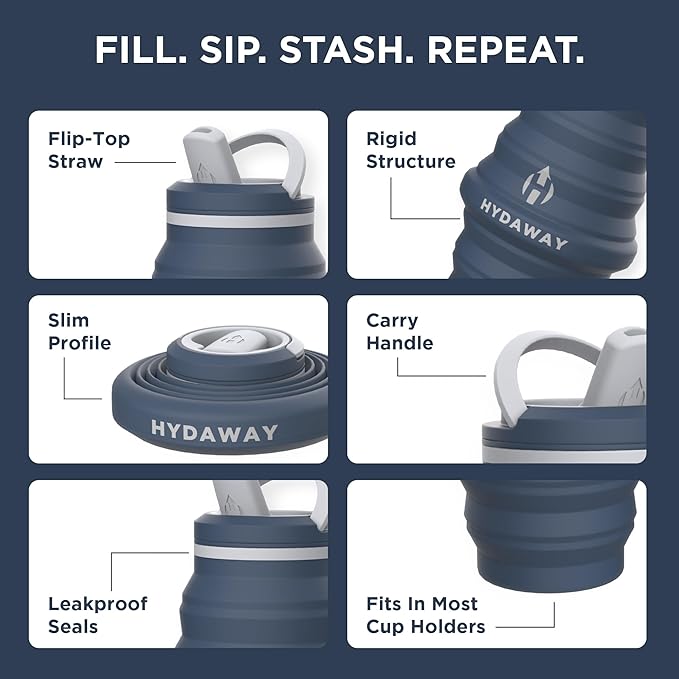 HYDAWAY Getaway Bundle - 25oz Collapsible Water Bottle and 16oz Collapsible Insulated Tumbler - BPA-Free, Leak-Resistant, Reusable Drinkware Set for Travel, Hiking, and Daily Commutes