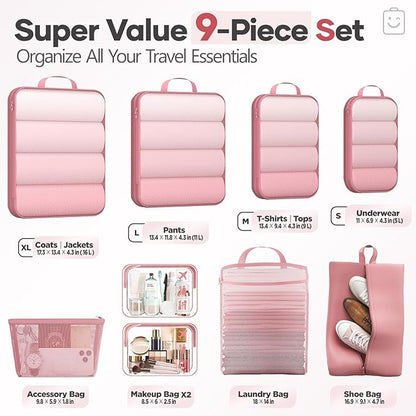 Veken 9/11 Set Compression Packing Cubes for Travel Essentials,Compressible Expandable Large Luggage Suitcase Organizer Bags for Clothing,Durable Space Saver Storage Bags with Toiletry Bags(Pink)