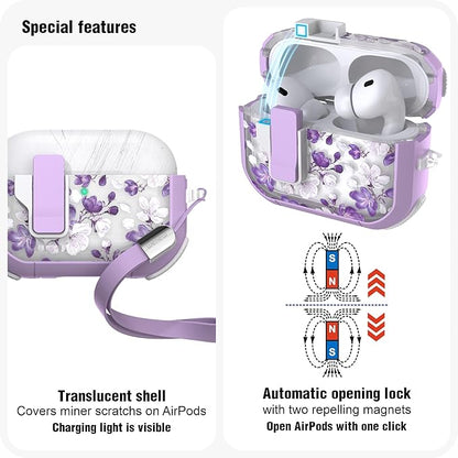 WENEW for AirPods Pro 3 Case (2025) Cover Secure Lock Automatic Snap Switch Clip Cleaner Kit Lanyard Women Stylish Flower Hard Shell Full Body Front LED Visible (Purple Flower, AirPods Pro 3)